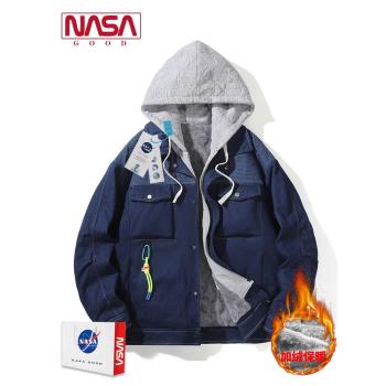 NASA假兩件寬松連帽春秋牛仔外套