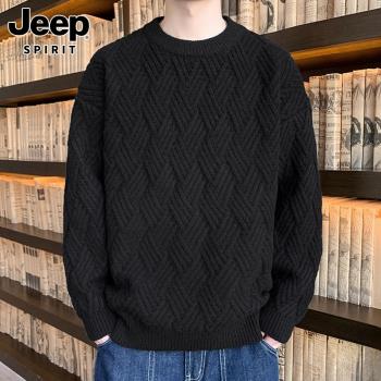 Jeep吉普圓領毛衣男士秋冬季2023新款加厚黑色打底線衣針織衫男裝