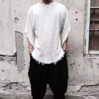 夏季男士中國風麻料短袖T恤寬松個性不規則設計師上衣發型師男裝