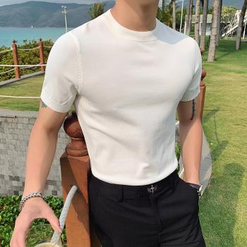 冰絲短袖t恤男夏季薄款高端內搭針織上衣韓版修身男士休閑打底衫