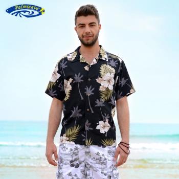 棕櫚浪夏威夷新款印花全棉短袖襯衫衣男女情侶度假襯衣加肥加大碼