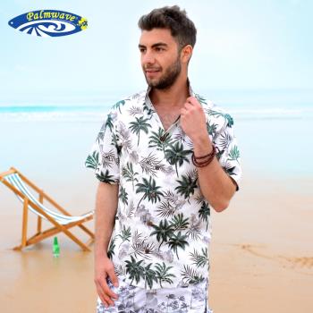 棕櫚浪新款海灘情侶印花全棉短袖襯衫男女純棉沙灘度假襯衣PW048