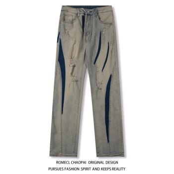 ROMECL夏季ins超薄牛仔褲網紅款個性破洞做舊分割直筒顯瘦長褲子