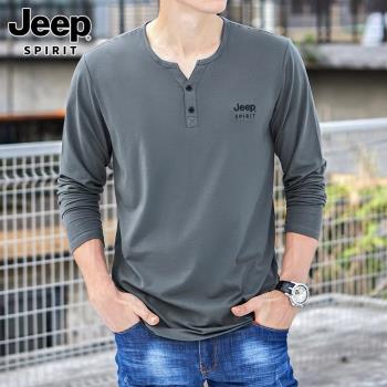 Jeep吉普男士長袖t恤2023秋季新款V領寬松百搭純棉體恤衫潮牌男裝
