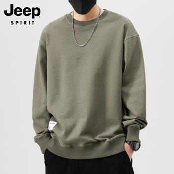 Jeep吉普軍綠色美式衛衣男士秋季寬松潮流百搭日系休閑長袖T恤衫