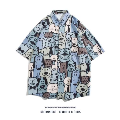 卡通動漫短袖襯衫男潮牌痞帥個性百搭五分袖原宿風vintage花襯衣