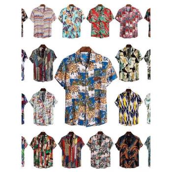 2025夏季新款美式大碼男士印花短袖襯衫寬松休閑襯衣Men's Shirts