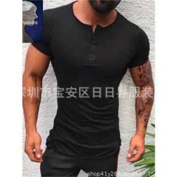 2024夏季男短袖T恤下擺分叉修身大碼薄款圓領紐扣上衣men shirts