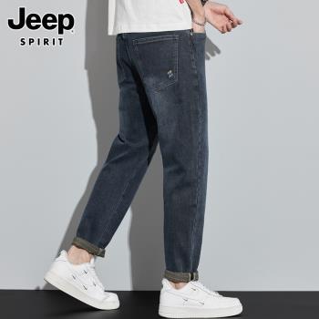 Jeep吉普男士牛仔褲秋季新款寬松直筒潮流百搭彈力休閑九分長褲子