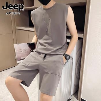 Jeep吉普夏季無袖t恤套裝男士潮牌搭配帥氣休閑背心運動短褲一套