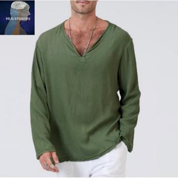 Men's loose V-neck solid color long-sleeved t-shirt寬松