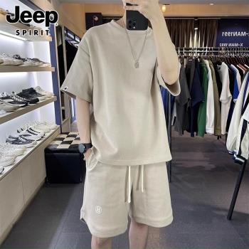 Jeep吉普休閑運動套裝男士夏季薄款跑步短袖t恤短褲搭配帥氣一套