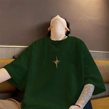 墨綠色320g重磅t恤男純棉美式復古小領口短袖oversize潮牌七分袖