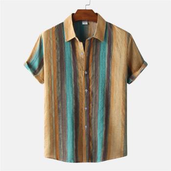 外貿夏威夷2023夏季歐美男士休閑襯衣條紋印花短袖襯衫Men Shirts