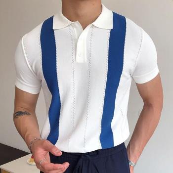 2022歐美男士夏季短袖針織衫白色條紋修身POLO衫潮Men's T-sh