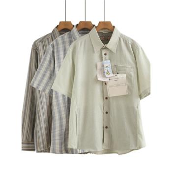 日系雜款格子條紋短袖襯衫男士夏季薄款休閑寸衫青年寬松水洗襯衣
