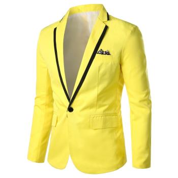 外貿歐碼春夏新款男士長袖修身免燙休閑單西服禮服外套黃色小西裝