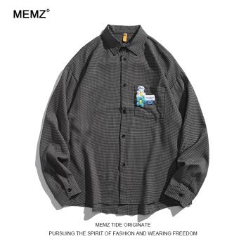 MEMZ細格子裝飾袢方領潮長袖襯衫