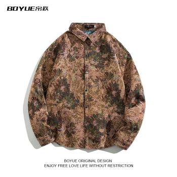 BOYUE帛躍民族風提花襯衫潮牌新款復古oversize寬松學生厚襯衣男