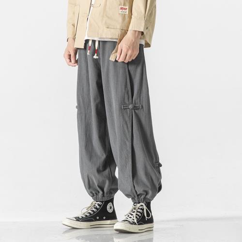 中國風束腳盤扣古風寬松春秋季褲子男休閑褲燈芯絨抽繩收腿哈倫褲