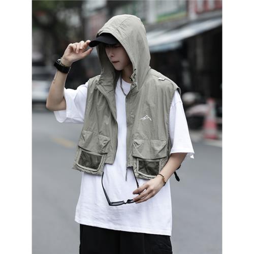 日系暗黑cityboy工裝復古戰術機能風口袋連帽肩半身短款拉鏈馬甲