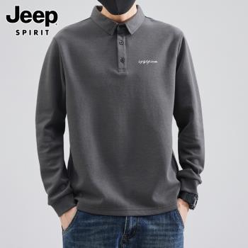 Jeep吉普Polo衫衛衣男士純色高級感上衣春秋季長袖t恤秋裝打底衫
