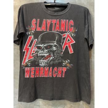 Slayer樂隊激流金屬頭盔骷髏vintage街頭復古短袖T恤寬松半截袖男