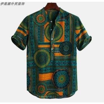 summer tops shirts for men hawaiian shirt 民族風襯衫 短袖男