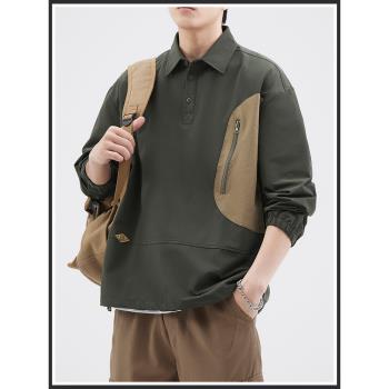 設計感美式復古Polo衫衛衣男士2023秋季新款寬松大碼潮牌工裝長袖