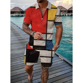 3D printed lapel sports shorts set3D印花翻領運動短褲套裝男士