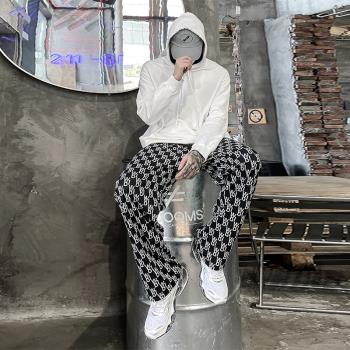 歐美hiphop褲子高街ins潮炸街小眾設計感千鳥格冰絲闊腿褲男夏季