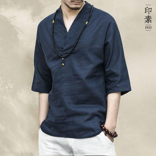 中國風男裝夏季復古風棉麻T恤短袖男士亞麻上衣V領中式漢服七分袖