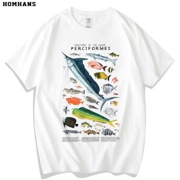 海洋魚類鱸形目創意短袖T恤透氣印花男女純棉寬松國家地理科普