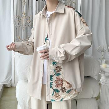 中國風刺繡襯衫男長袖春秋季國潮拼接新中式外套設計感情侶裝夾克