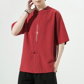 亞麻短袖t恤男夏季潮牌復古中式唐裝中國風男裝棉麻上衣改良漢服