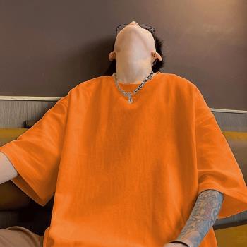 橘橙色320g重磅T恤純棉三本針小領口短袖男款夏季oversize七分袖