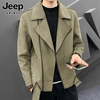 Jeep吉普春秋季麂皮絨翻領夾克男士韓版潮流帥氣上衣加厚機車外套