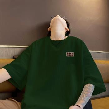 墨綠色小領口320g重磅t恤男美式復古短袖潮牌三本針精梳棉七分袖