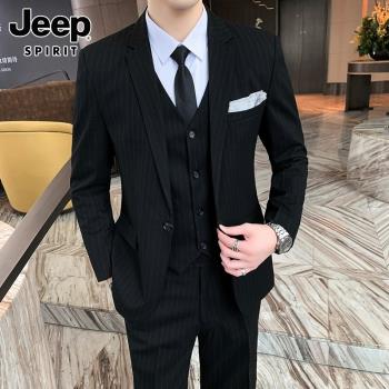 Jeep吉普男士西服套裝春秋季韓版潮流單西商務職業正裝帥氣三件套