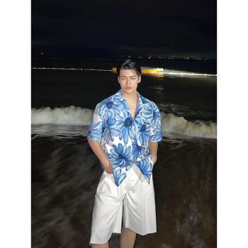 泰國古巴領花襯衫男短袖夏威夷海南三亞沙灘防曬冰絲襯衣外套夏季
