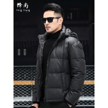 海寧真皮羽絨服男士牛皮連帽冬季真皮皮衣加絨加厚皮草大衣外套