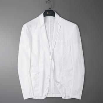 GJG春季新款白色亞麻西服男薄款小西裝麻料單西上衣單排扣外套潮