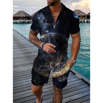 Casual lapel 3D printed shirt set 休閑翻領3D印花襯衫套裝男士