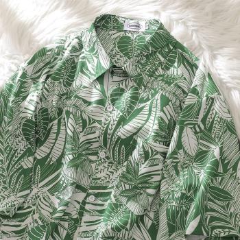 墨綠色冰絲花襯衫男短袖夏季薄款夏威夷襯衣三亞度假情侶裝沙灘服