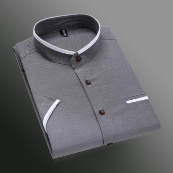 潮小立領灰色短袖薄款中山裝襯衫