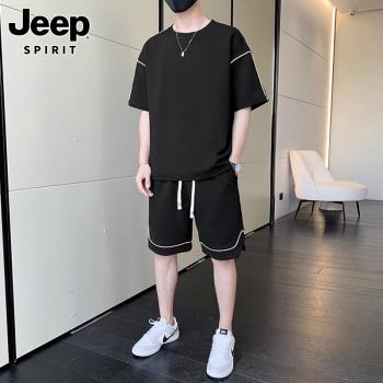 Jeep吉普夏季休閑運動套裝男士黑色短袖t恤搭配薄款短褲兩件套男
