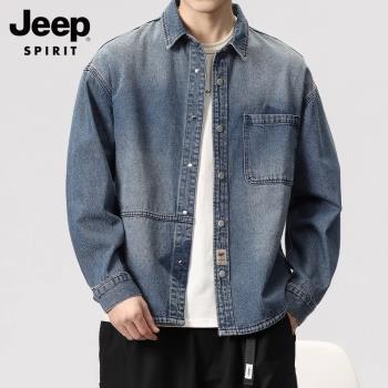 Jeep吉普高品質潮牌牛仔襯衫男士2023春秋季寬松痞帥襯衣夾克外套