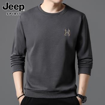 Jeep吉普男士衛衣2023新款春秋季潮流寬松圓領灰色打底長袖t恤衫