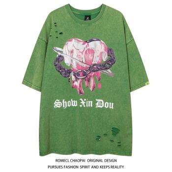 ROMECL歐美高街hiphop創意鎖鏈愛心涂鴉甜酷男女寬松潮牌短袖T恤