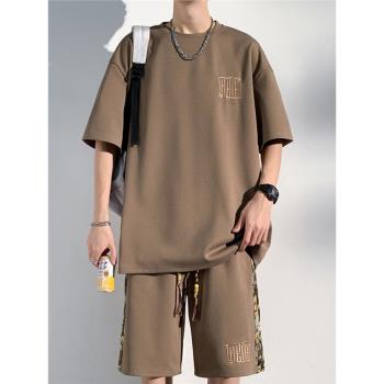 美式復古青少年夏季套裝男刺繡t恤中國風短褲高級感男裝搭配一套